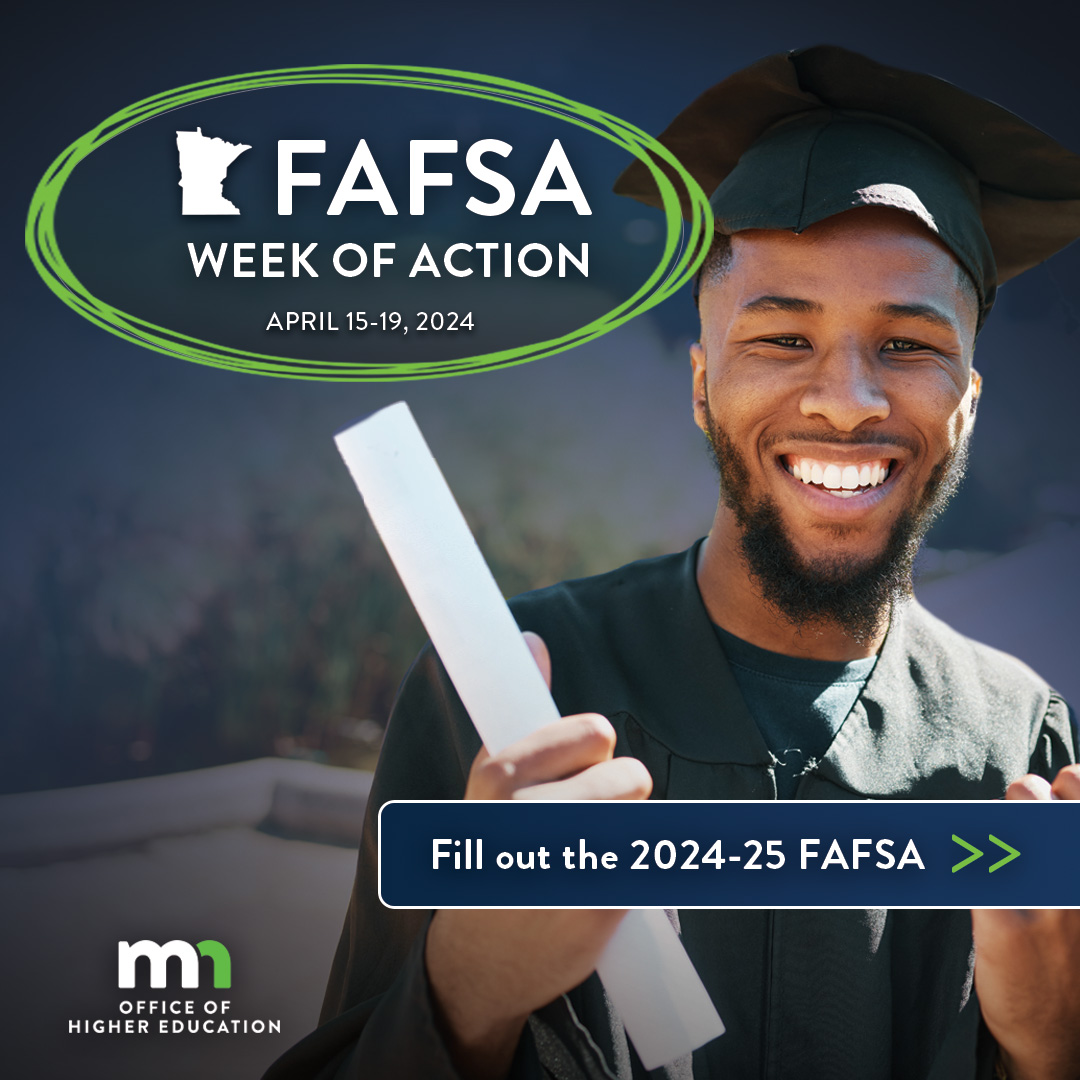 Graphic featuring one black male student celebrating, wearing cap and gown. Text reads: FAFSA Week of Action, April 15-19, 2024 with OHE logo in lower left corner.